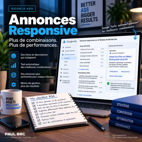 Annonce responsive sur le Réseau de Recherche : titres, descriptions et aperçu des combinaisons testées par Google