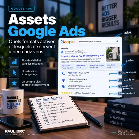 Annonce Google Ads avec ses assets : liens annexes, extension d'appel, extension de lieu, promotion et avis clients
