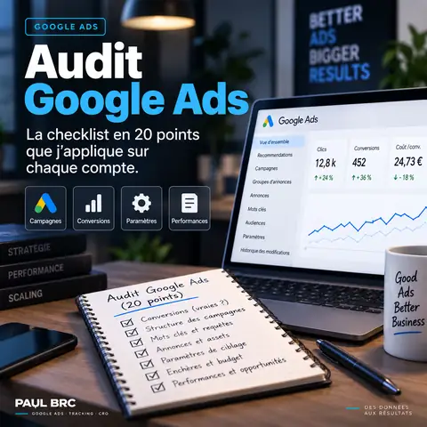 Audit Google Ads : checklist en 20 points et vue d'ensemble d'un compte avec clics, conversions et coût par conversion