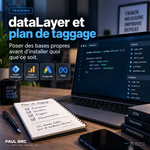 Code dataLayer et plan de taggage : événements page_view, view_item, add_to_cart, purchase et generate_lead dans Google Tag Manager