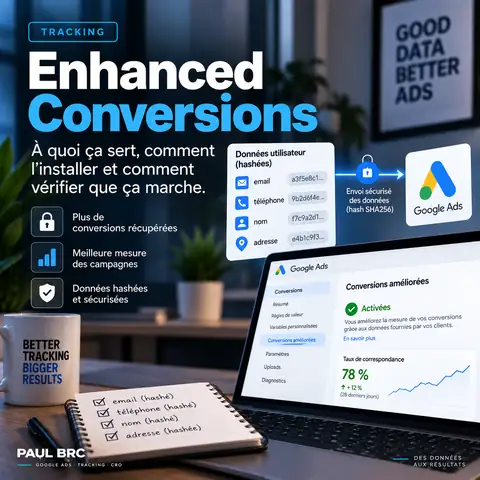Conversions améliorées Google Ads : données utilisateur hachées en SHA-256 et taux de correspondance dans l'interface