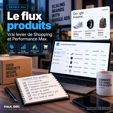 Flux produits dans Google Merchant Center et annonces Google Shopping avec prix, disponibilité et état de validation