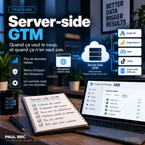 Schéma du tracking server-side GTM : le navigateur envoie les événements au serveur, qui les transmet à Google Ads, GA4, Meta et TikTok