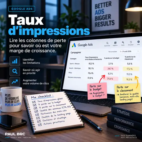 Colonnes de taux d'impressions Google Ads : part d'impressions, pourcentage perdu sur le budget et sur le classement par campagne