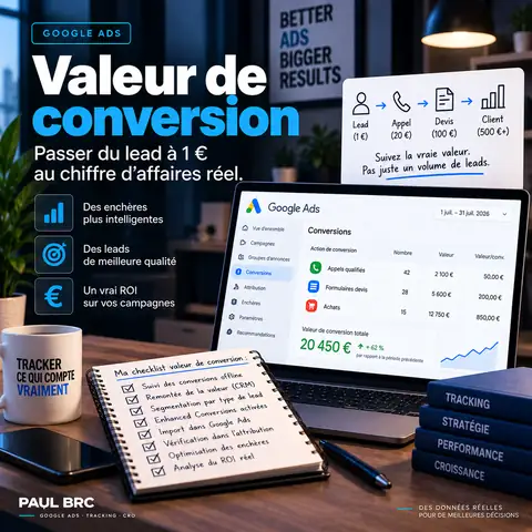 Valeur de conversion Google Ads : échelle lead, appel, devis, client et valeurs par action de conversion dans l'interface